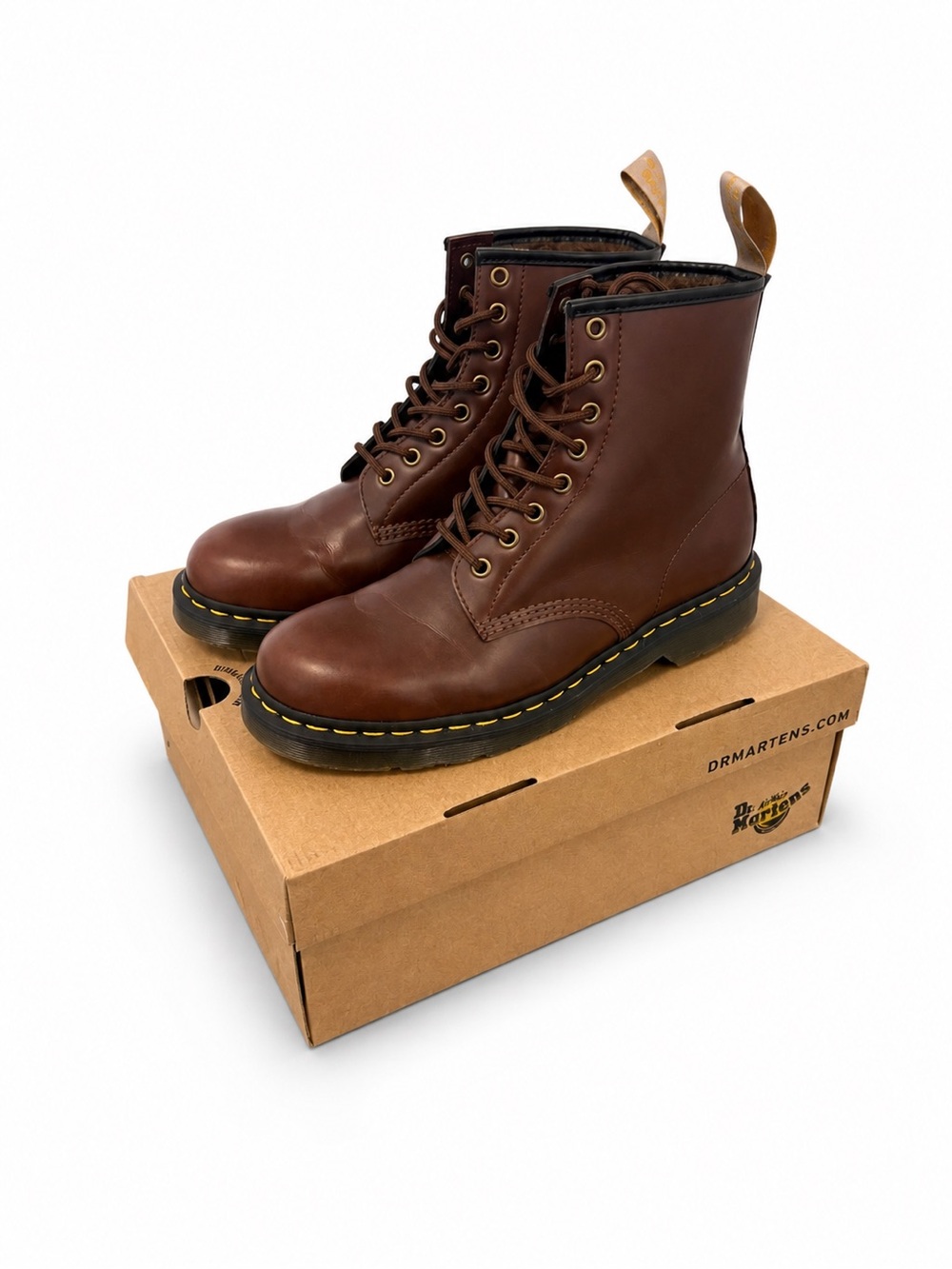 Dr. Martens Brown Leather 8-Eye Lace-Up Boots with Yellow Stitching